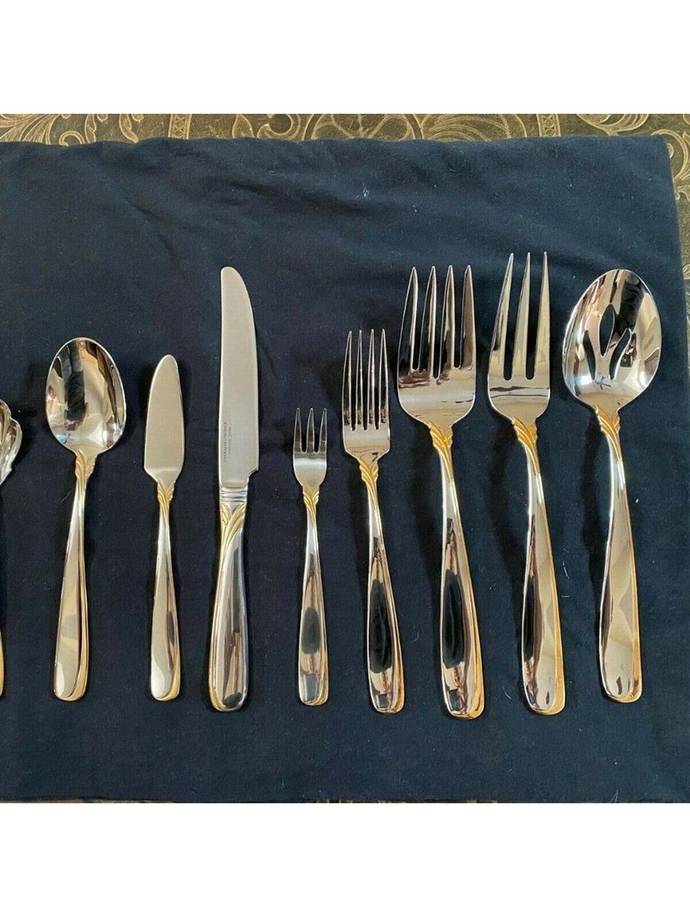 NEW Yamazaki Affair Gold Accent Stainless Glossy Flatware Cold Meat Fork 4 prong